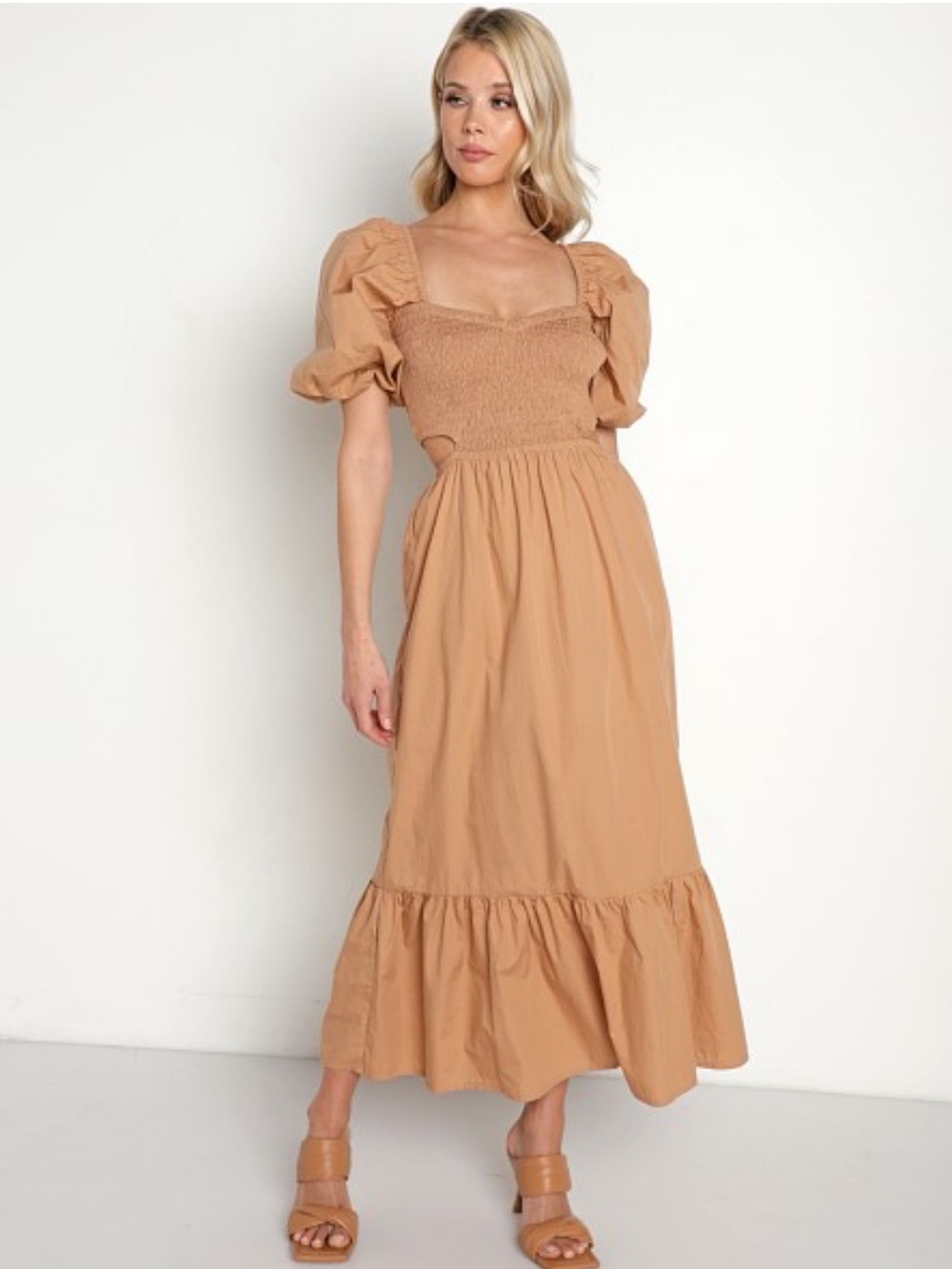 Faithfull the Brand Puff Sleeve Smocked Maxi Dress in Tan